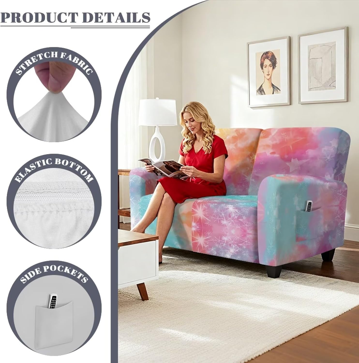 Colorful Tie Dye Star Print Reclining Loveseat Slipcover, 6-Piece Stretch Polyester Loveseat Recliner Covers, Recliner Cover for 2 Seat Sofa Couch