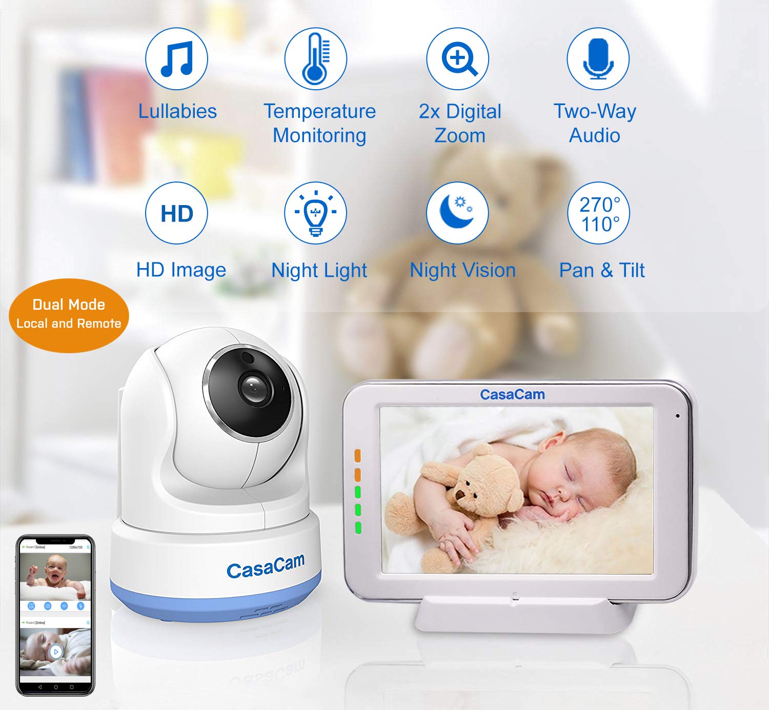CasaCam Monitor de bebé de modo dual con visión local y remota con pantalla táctil de 5 pulgadas y cámara HD Pan & Tilt, aplicación de teléfono segura, audio bidireccional, canciones de cuna, luz
