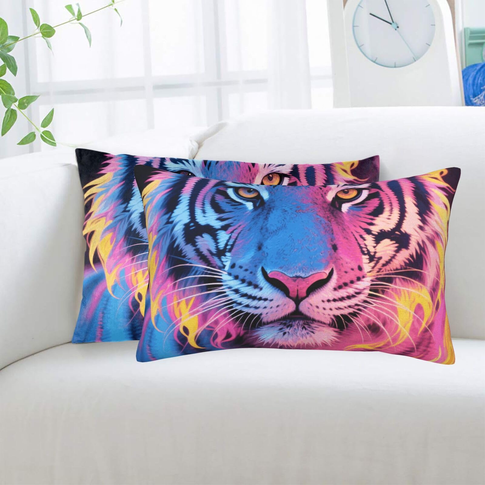 2 Pack Standard Pillowcases Sets, Ultra Soft Comfort Microfiber Plush Pillow Cases Blue Pink and Yellow Fire Tiger Decorative Throw Pillow Cover with Hidden Zipper for Bedroom, Sofa, Couch,16"X24"