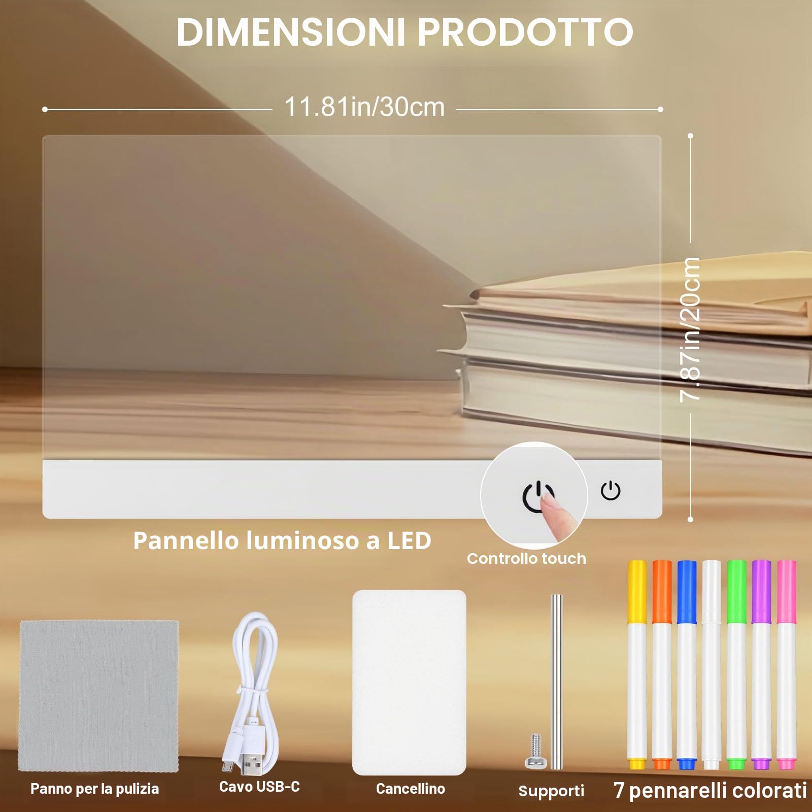 Tavola da disegno a LED con penna a 7 colori, 30 x 20 cm, lampada da disegno a LED per bambini, in acrilico cancellabile a secco, per appunti, scarabocchiare, da scrivania, regalo per bambini, scuola