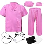 ZZIHAN Kids Doctor Costume Pink Medical Scrubs Outfit with Stethoscope, Mask & Cap & Glasses,for Halloween, Career Day & School Play, Pretend Play, Nurse, Dentist & Vet Dress-Up for Boys & Girls 5-6