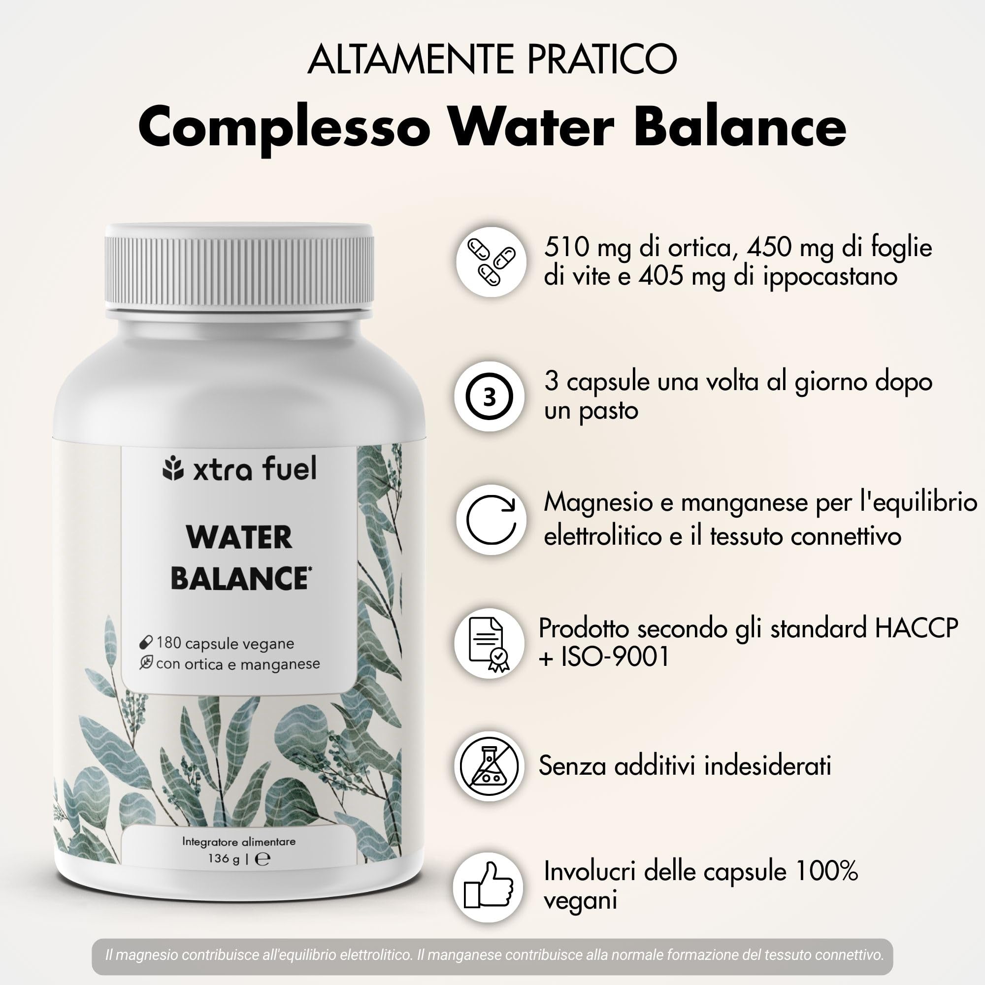 Complesso Water Balance - 180 compresse vegane ad alto dosaggio per la formazione del tessuto connettivo - Capsule di ortica con foglie di vite rossa, ippocastano, magnesio e manganese