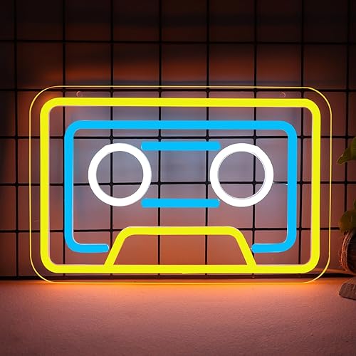 Letrero de neón retro de casete -decoración LED de 12.2 x 8 pulgadas con cable de 5 V - amarillo+blanco+azul cielo - adecuado para iluminación