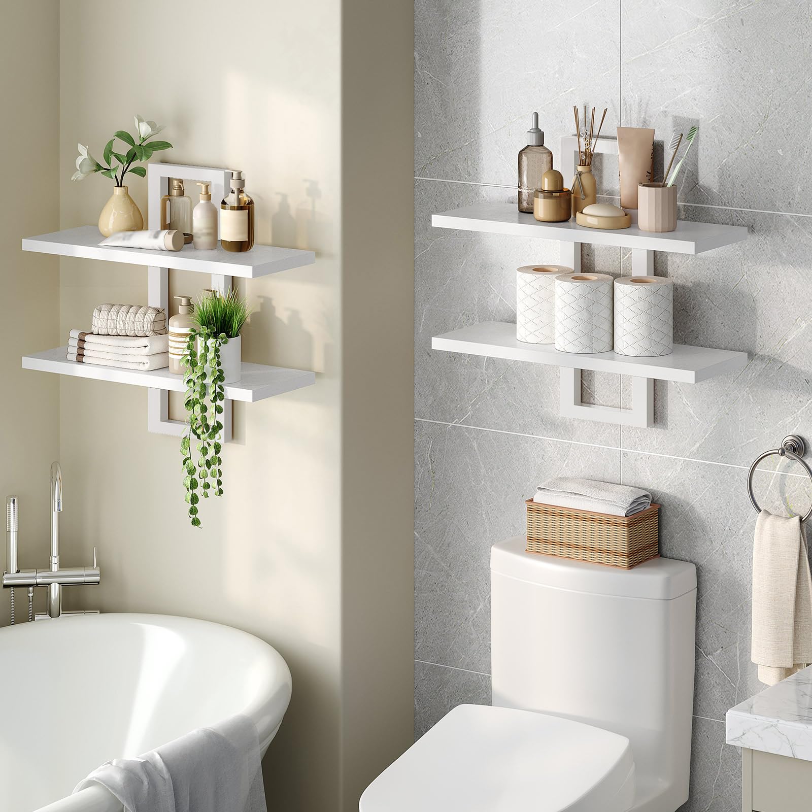 HOOBRO Estanterías de Pared, Juego de 2 Estanterías Colgantes de 38 cm, Montaje en Pared, 2 Niveles, para Sala de Estar, Dormitorio, Baño, Cocina, Blanco EWW32BJ01