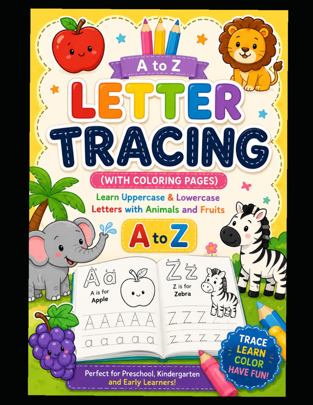 ABC Letter Tracing: Learn Uppercase & Lowercase Letters with Animals, Fruits, and Coloring Pages