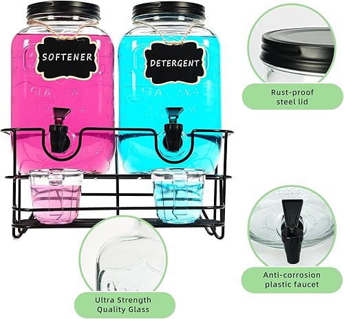 Miniatura 4 de 2 juegos de dispensador de detergente para ropa de 1 galón con soporte, taza medidora, contenedor de detergente de vidrio para lavandería para