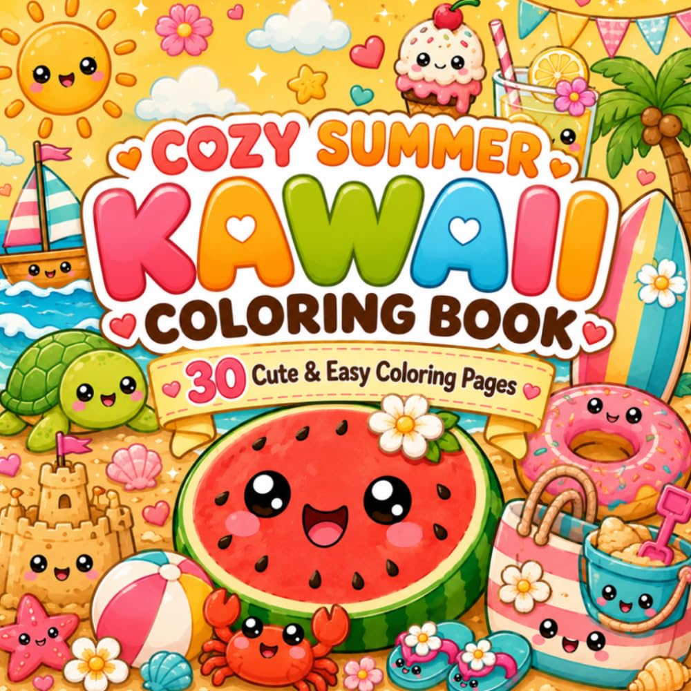 Kawaii Summer Adventures: Easy and Relaxing Coloring Pages Featuring Cute Summer Adventures (Cozy Seasons Kawaii Coloring Book Series)