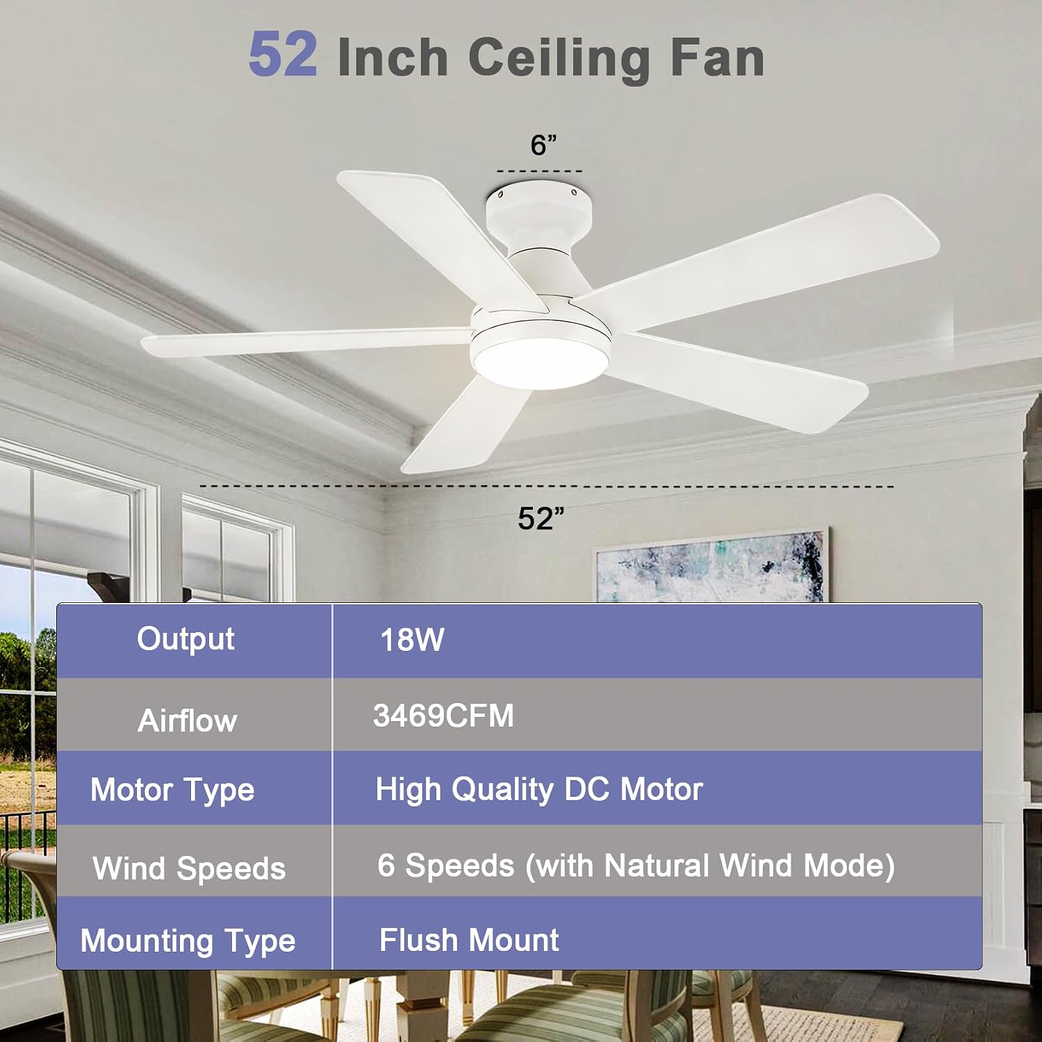 QUTWOB Ceiling Fans with Lights, 52 Inch Low Profile Ceiling Fan with Light and Remote Control, Flush Mount, Reversible, 3CCT, Dimmable, Quiet, White Small Ceiling Fan for Bedroom Indoor/Outdoor Use
