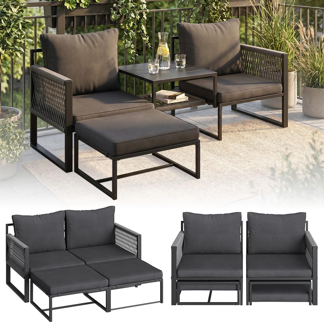STEELSØN Tyranis Gartenmöbel Set Outdoor 4-TLG inkl. Tisch mit Ablage & Hocker – multifunktionales Balkonmöbel Set mit 6 Kissen – Sitzgarnitur Sessel für 4 Personen – dick gepolstert – Metall schwarz
