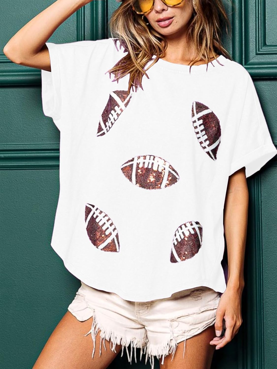 Womens Sparkle Football Sequin Rugby Tee Game Day Pullover T-Shirt Crewneck Oversized Short Sleeve Washed Tops - Image 5