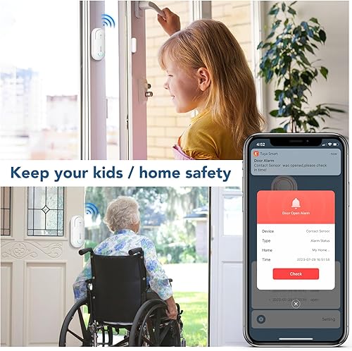 Miniatura 2 de SanJie Alarma inteligente con sensor de puerta WiFi para seguridad de los niños, alarma en tiempo real de puerta de ventana, no requiere