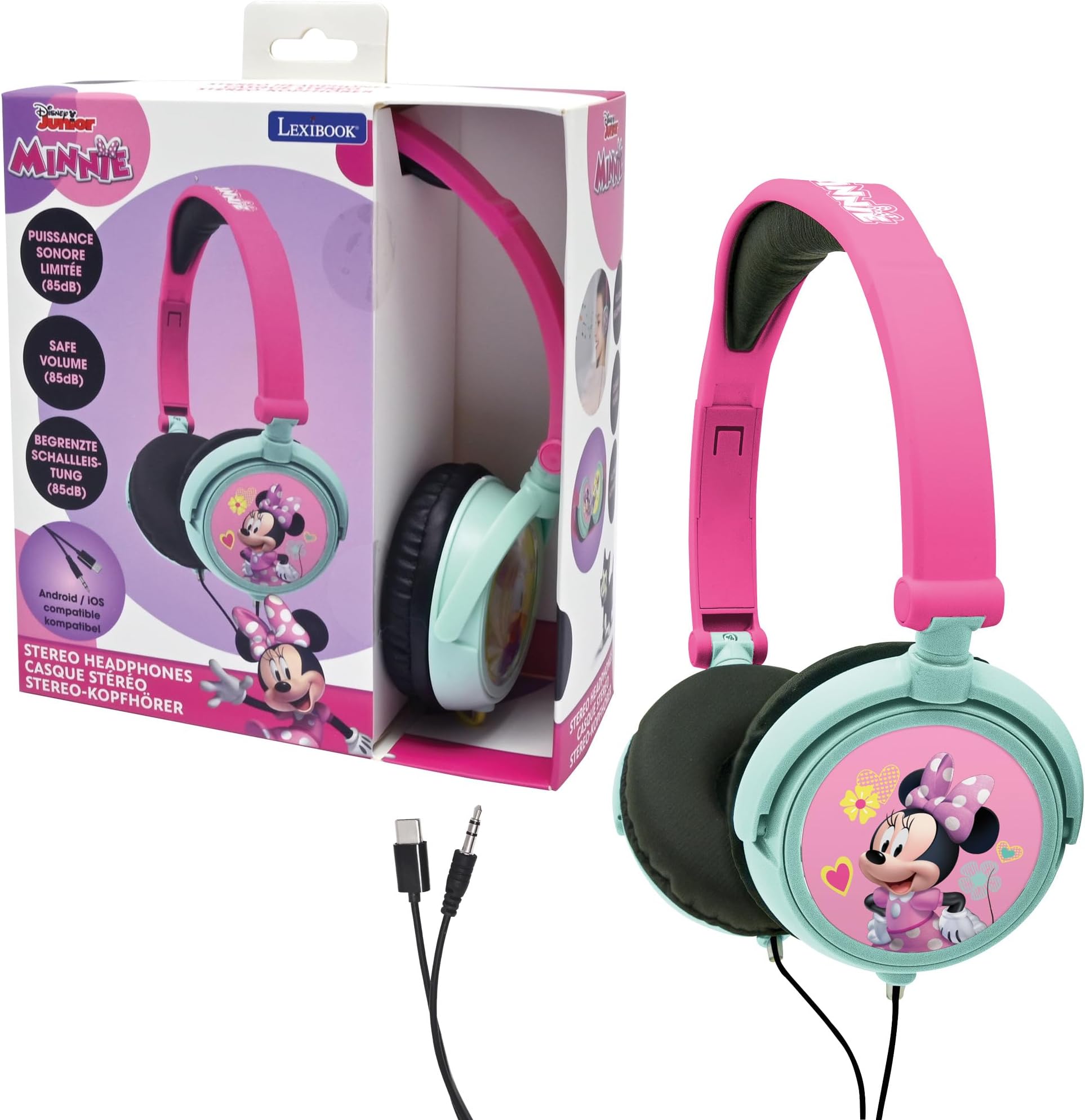 LEXIBOOK, Disney Minnie, Stereo Headphones, kids safe volume, foldable and adjustable, pink/green, HP010MN