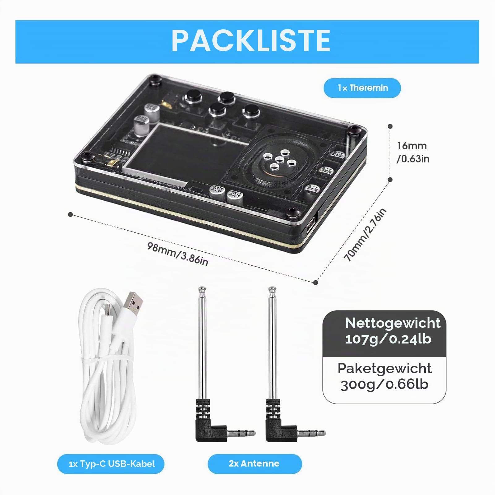 Mini Theremin Elektronisches Musikinstrument, mit Bildschirmanzeige 20 Instrumente und 70 Töne, Tragbares Synthesizer Modul über Typ-C