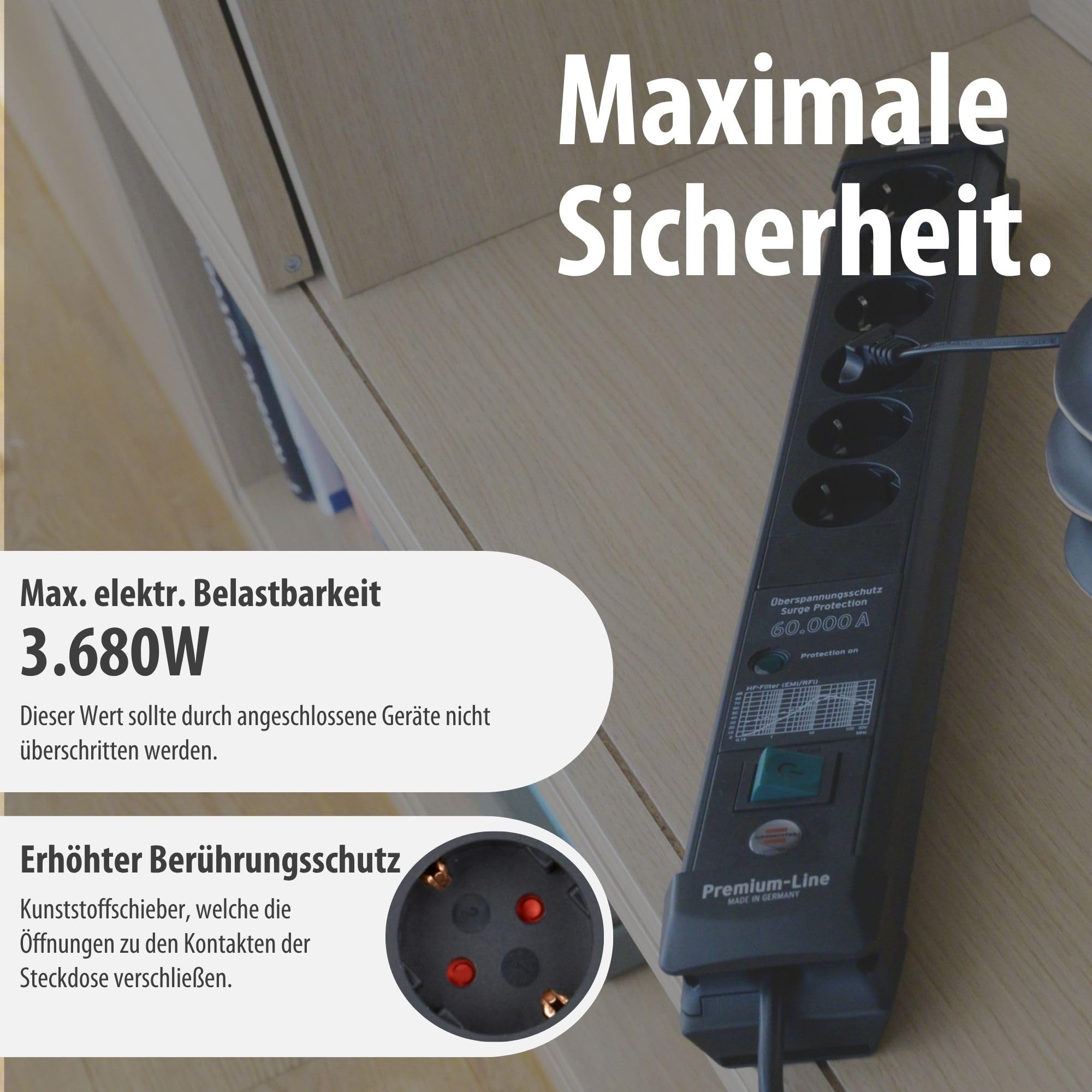 Brennenstuhl Premium-Line Steckdosenleiste 6-Fach mit Überspannungsschutz | Bis zu 60.000 A, Mehrfachsteckdose mit Schalter und 5m Kabel, Steckdosenleiste Wandmontage, Made in Germany, schwarz