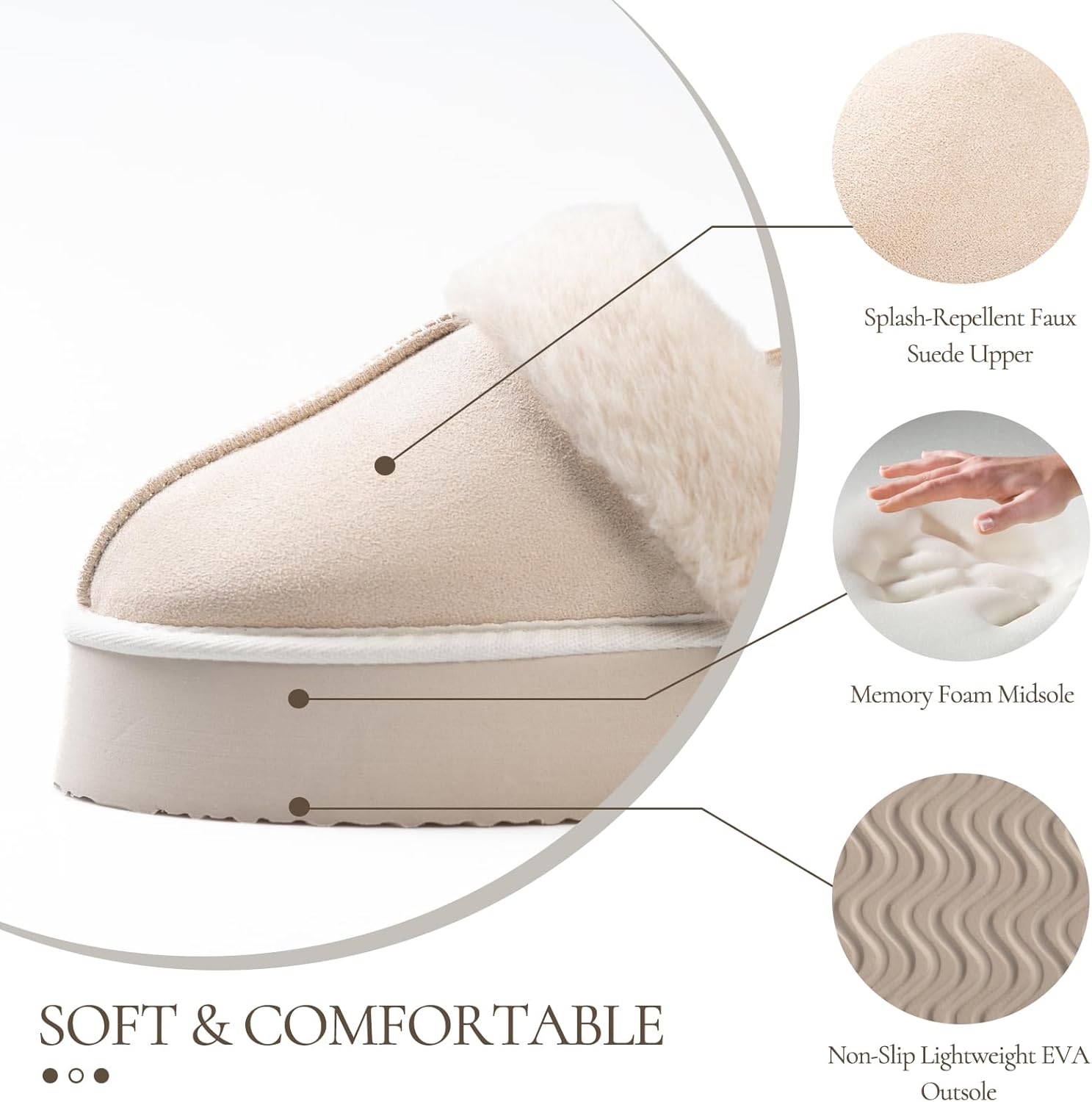 Women's Platform Slippers, Suede Fuzzy Slippers with Strap - Image 3