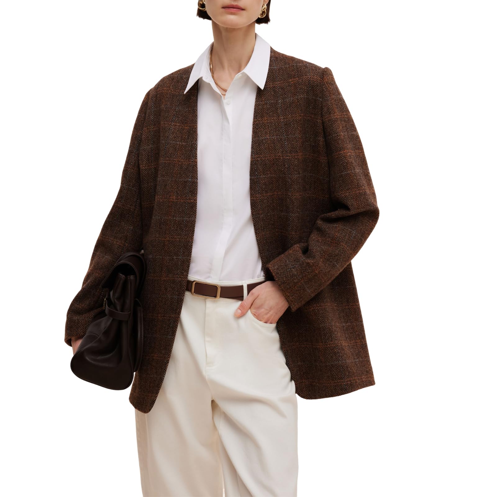 GOELIA Fall Oversized Blazers for Women 100 Merino Wool Brown Plaid Collarless Blazer Work Casual Jacket for Office