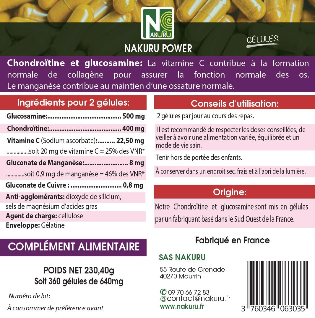 NAKURU | Chondroïtine + Glucosamine | Gamme Power | Fabriqué en France | "Sérénité des Articulations Naturelle !" (360 Gélules de 640mg / Poids Net: 230,40g)