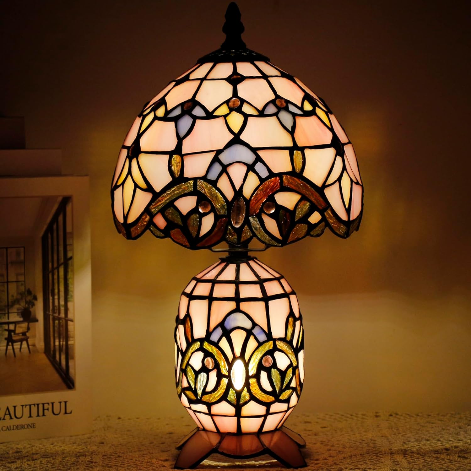 Small Tiffany Lamp Stained Glass Table Lamp Mini Mother Daughter Vase Desk Accent Light for Bedroom Bedside Reading Home Antique Style Decor 8X14 Inches (Pink Baroque)