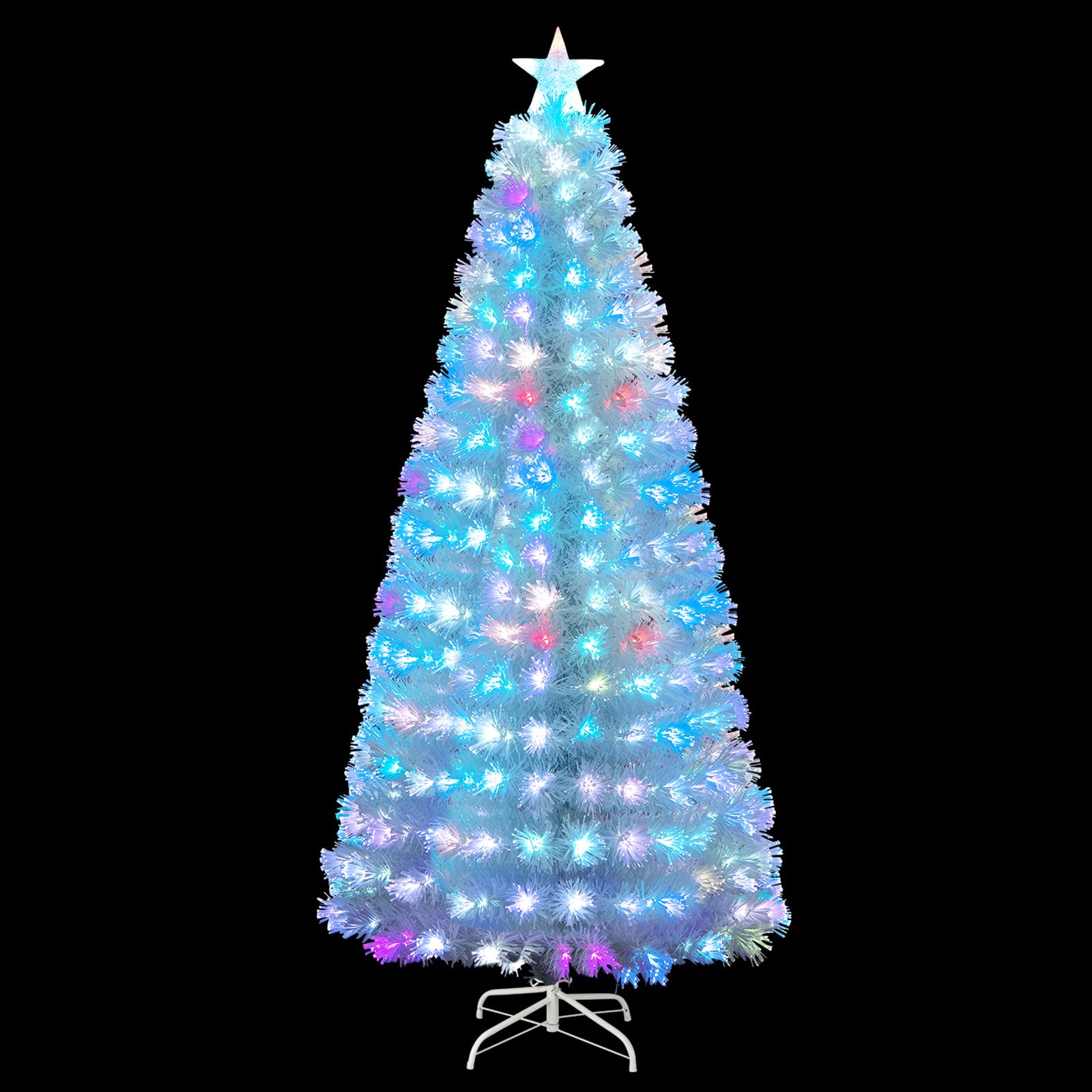 GOFLAME 7 FT Pre-Lit Christmas Tree Snow Flocked, Artificial Xmas Tree with 270 Branch Tips, Colorful Fiber Optics & 270 LED Lights, Holiday Decoration Tree with a Top Lighted Star, White