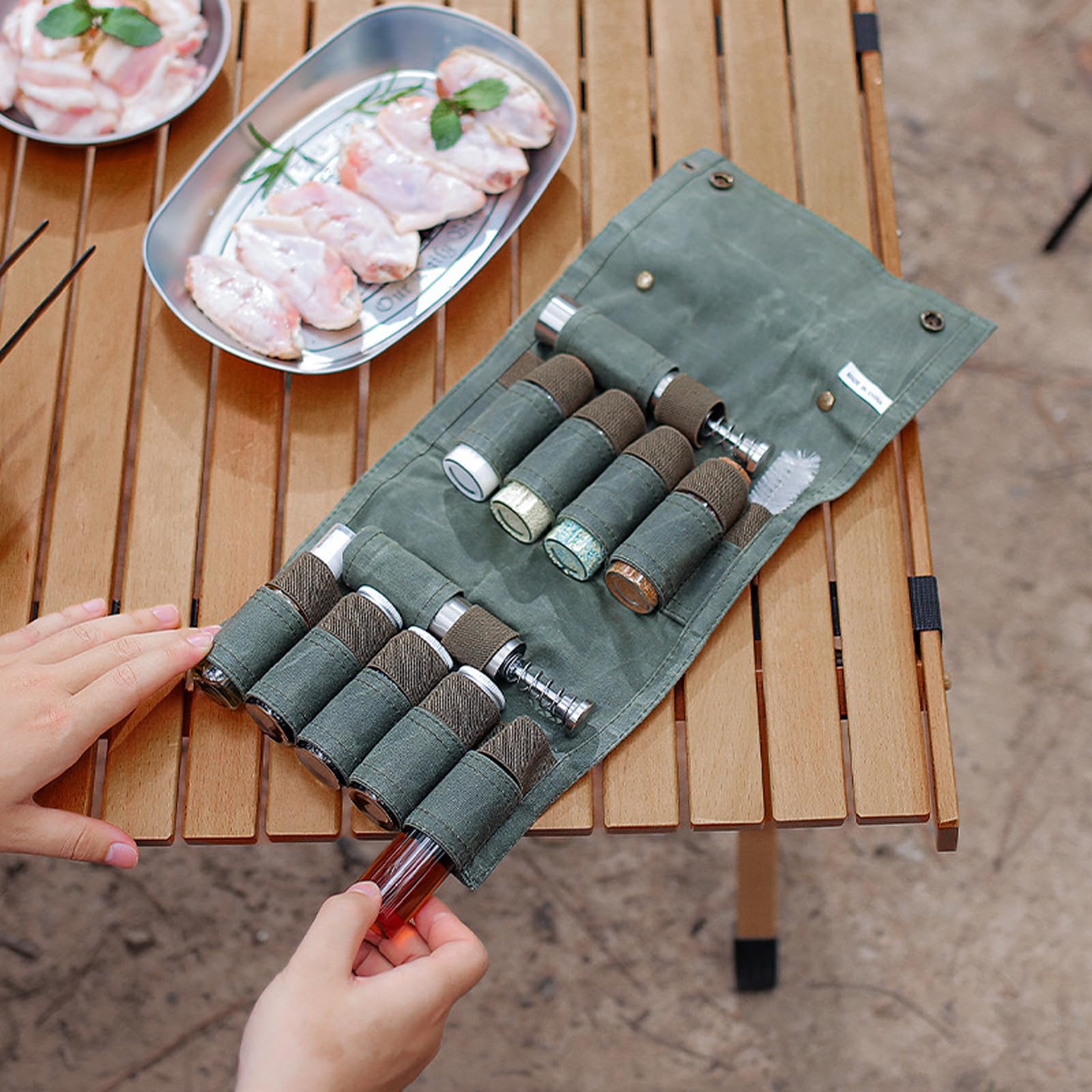 Kits de contenedores de condimentos para especias de camping, bolsa de almacenamiento portátil para botellas de condimentos con tarro de especias, juego de viaje para barbacoa al aire libre, bolsa de