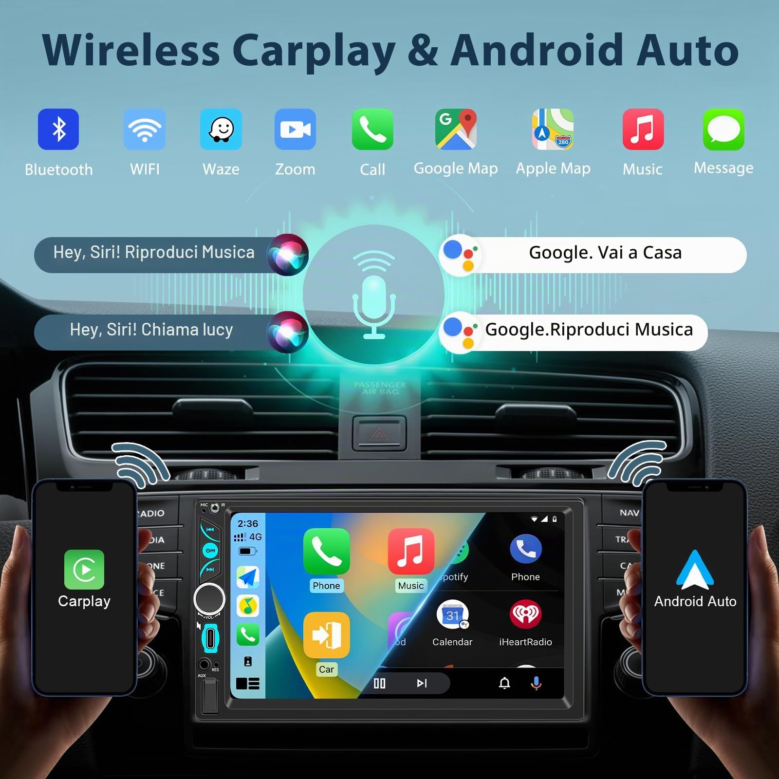 WERESOUND 2 DIN Bluetooth Car Radio with Wireless CarPlay & Android Auto | Double DIN 7 Pollici HD Touch Screen, Car Radio with Mirror Link, FM, EQ, SWC, Type-C, GPS Navigation, Rear Camera, Mic