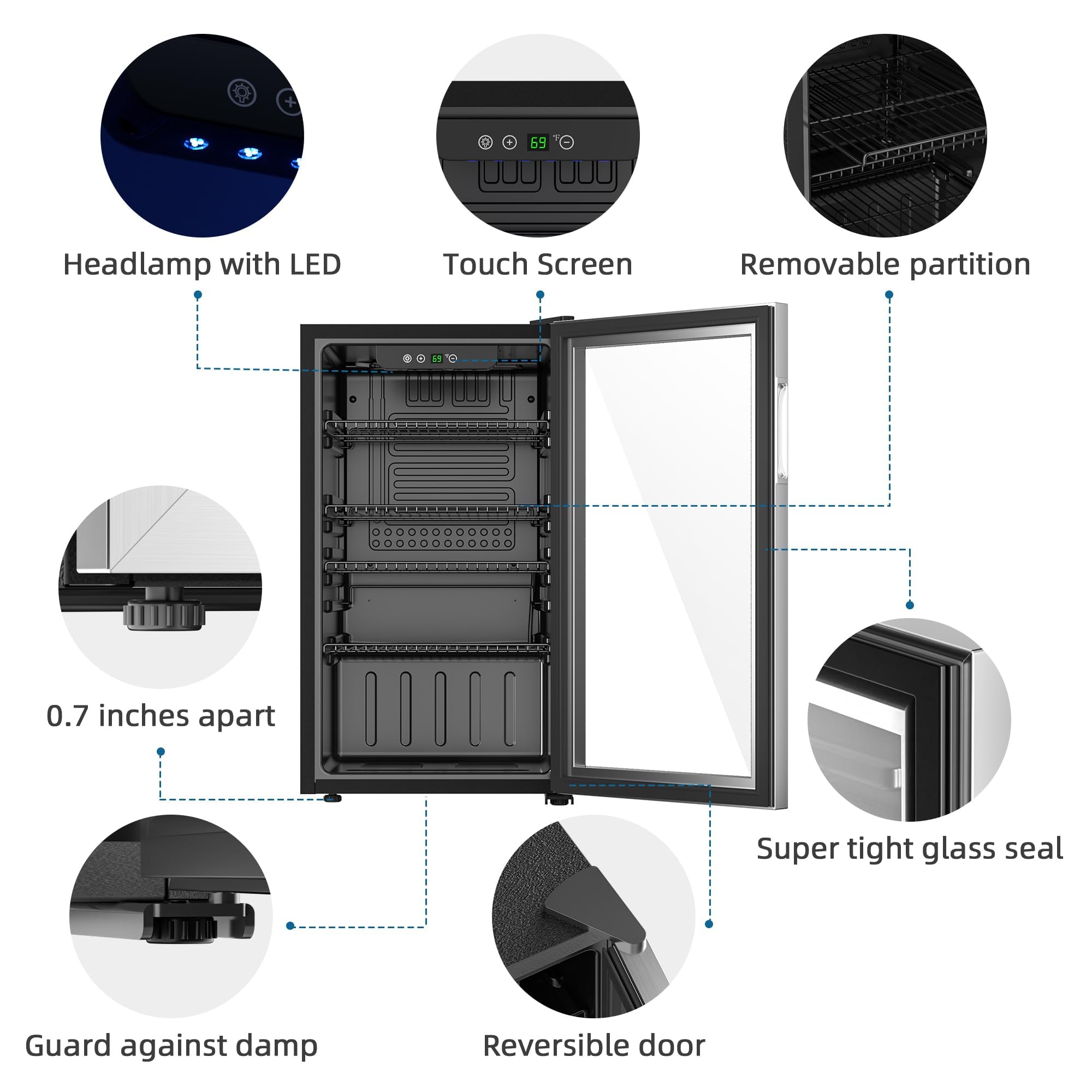 Erivess Compact Freestanding Beverage Refrigerator,126 Can/3.2 Cubic Feetmini Fridge With Reversible Glass Front Door For Soda, Beer, Or Wine, Under Counter Drink Refrigerator With Adjustable Shelves on Fridge.com - View 2