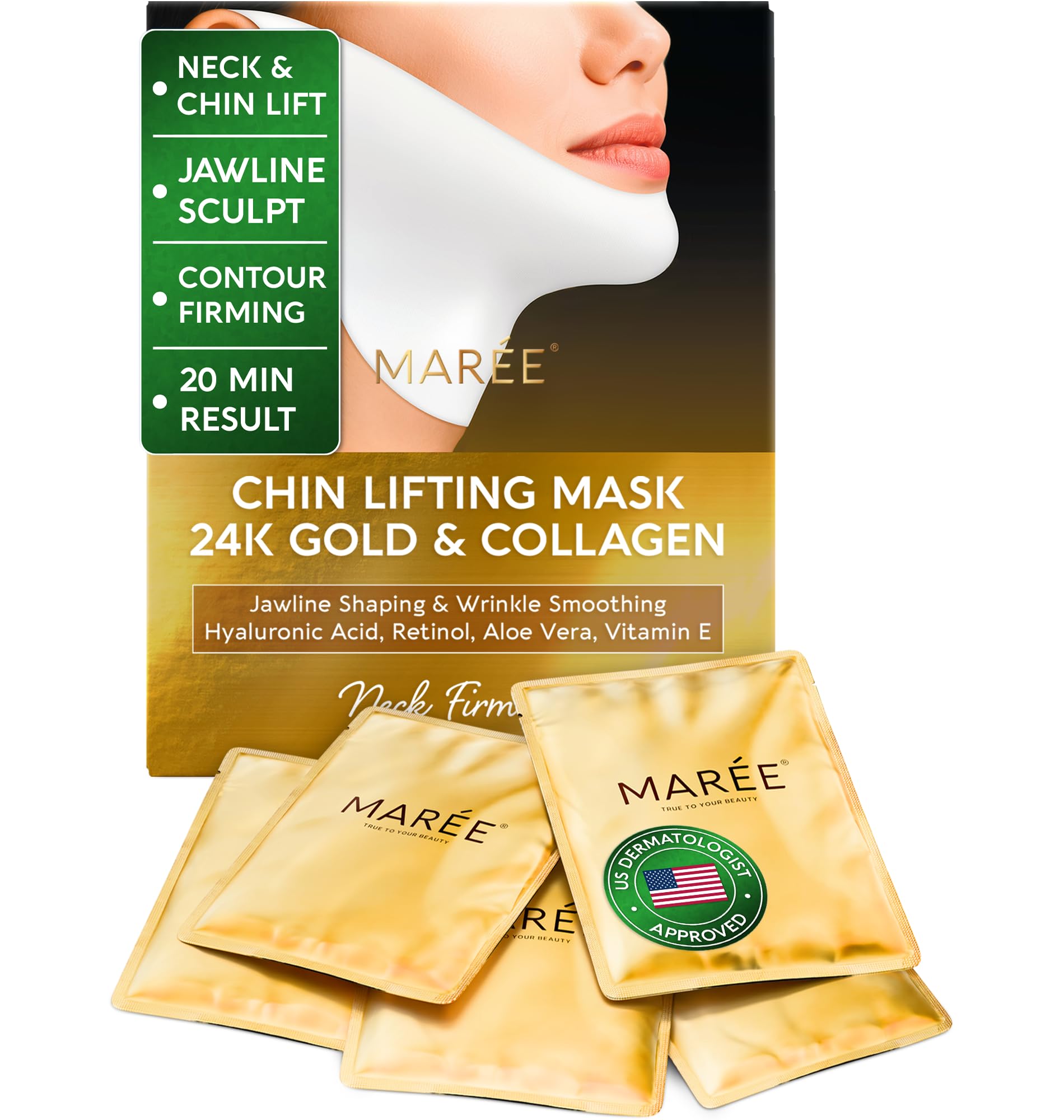 MAREE V Line Lifting Mask with 24K Gold – Deep Collagen Face Mask for Women – Jawline Shaper Mask with Retinol & Hyaluronic Acid – Neck Tightening & Firming – Double Chin Strap for Face Lift