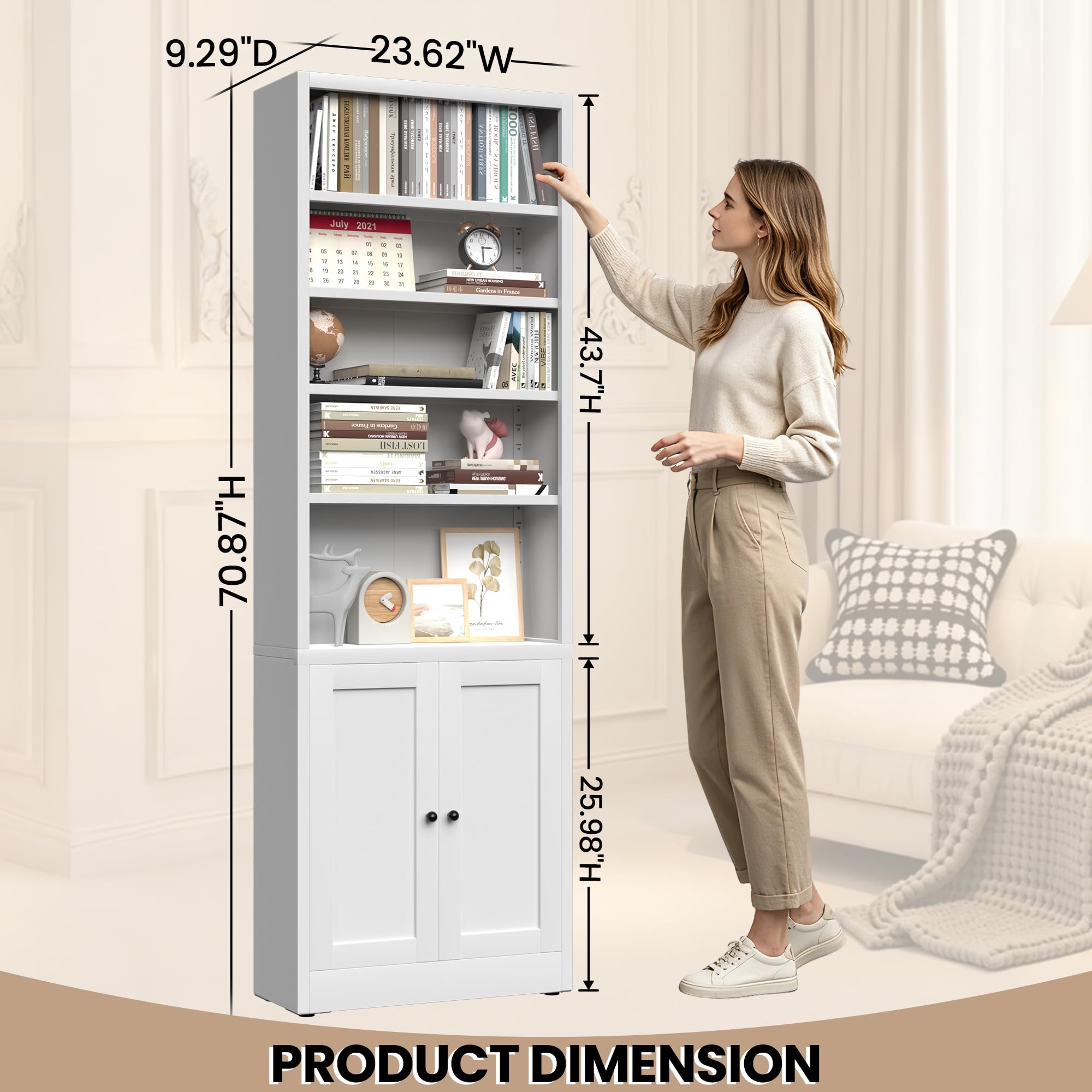 24" breites Bücherregal mit Schrank, 7-stufiges Bücherregal und 5 verstellbare Einlegeböden, hohes Metallbücherregal für Home Office und Wohnzimmer
