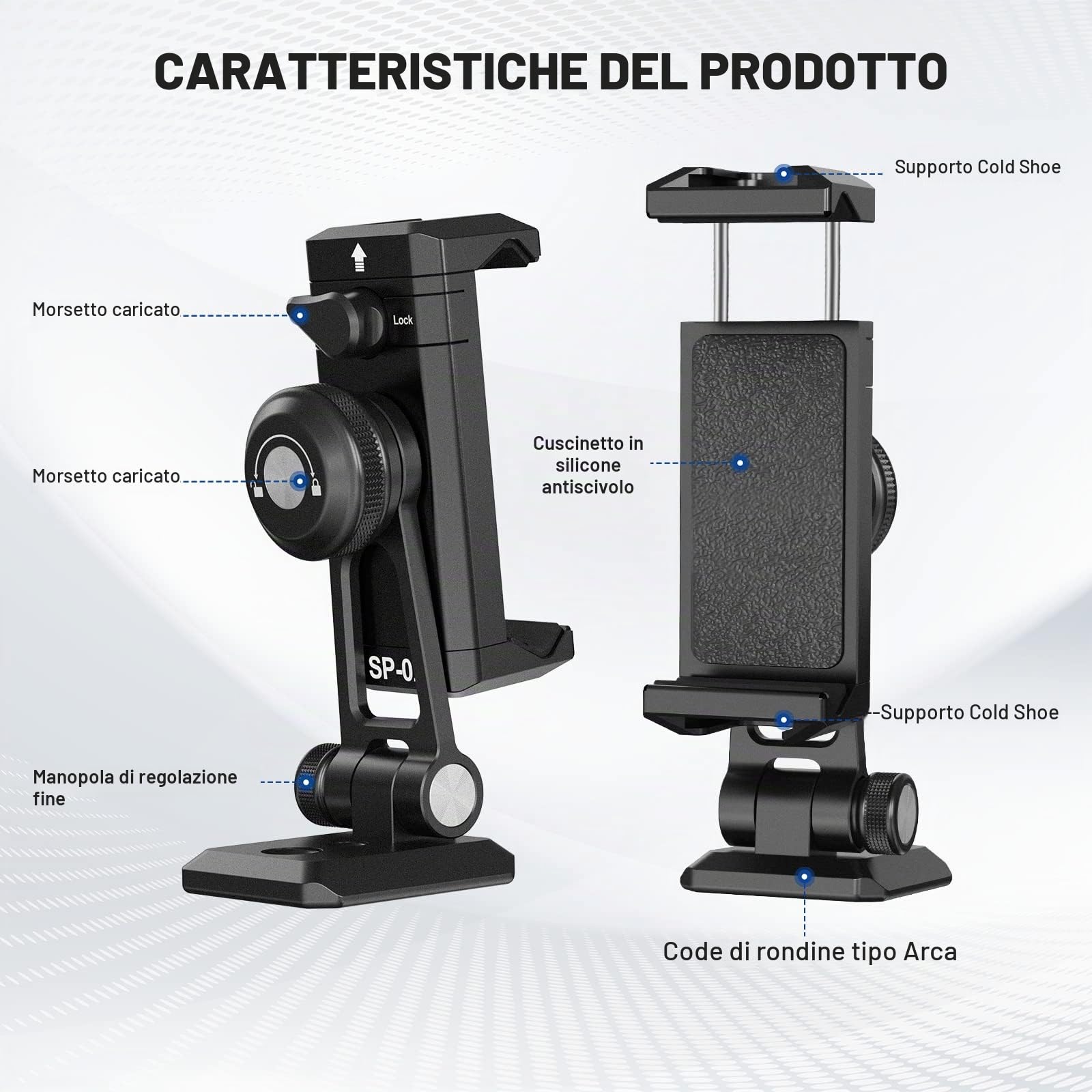 NEEWER Adattatore per treppiede, morsetto per cellulare con slitta flash, filettatura 1/4" 3/8", Arca tipo base, girevole a 360°, inclinazione di 180°, compatibile con iPhone 14 13 Pro Max Mini X Xs
