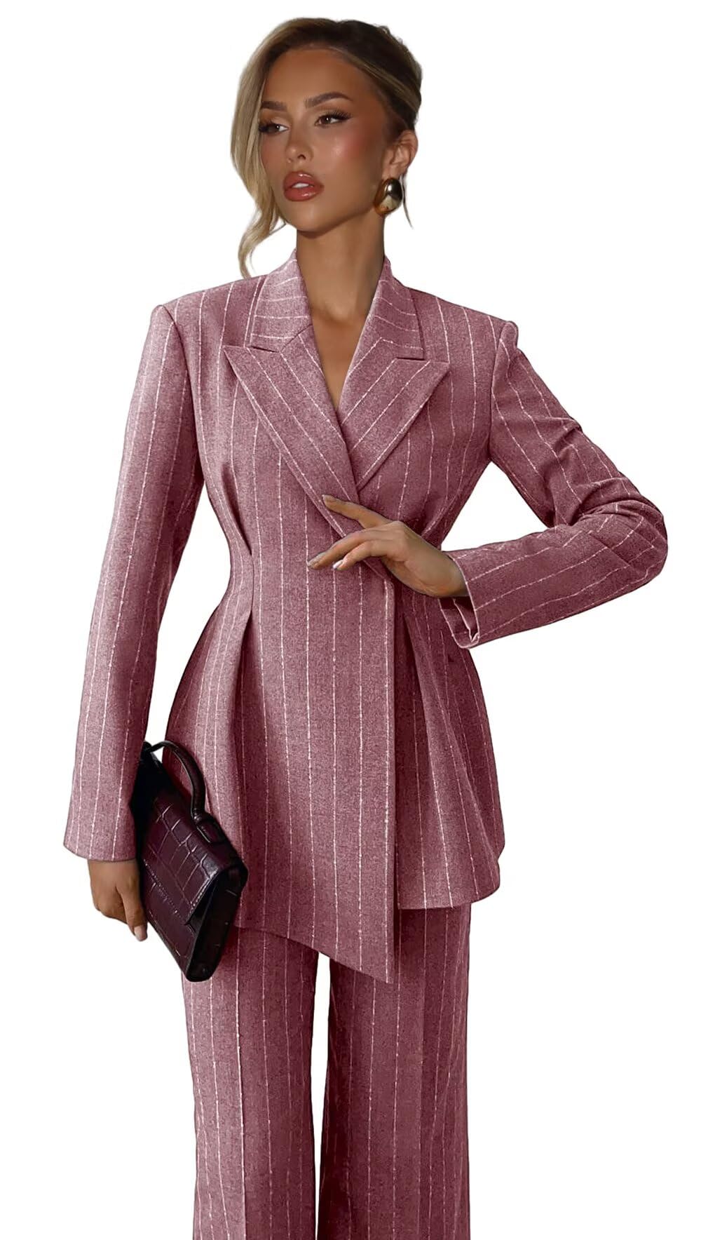 Pinstripe 2 Piece Womens Pant Suit Formal Peak Lapel Dressy Suits for Women Business Casual Blazer Set for