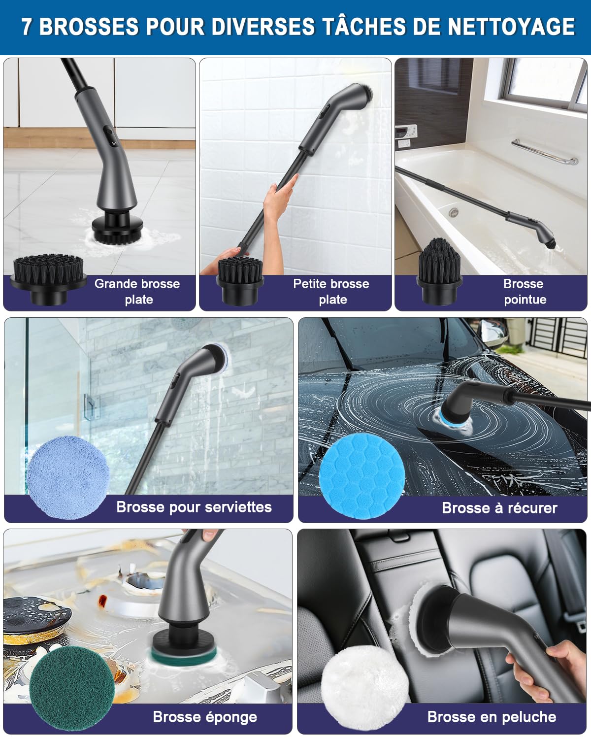 Brosse Nettoyage Electrique, [IPX7 Imperméable] Homtronics Brosse Menage Electrique,Conception Pliant, avec Tige TéLescopique et TêTes de Accessoires pour Salle De Bain,Voiture,