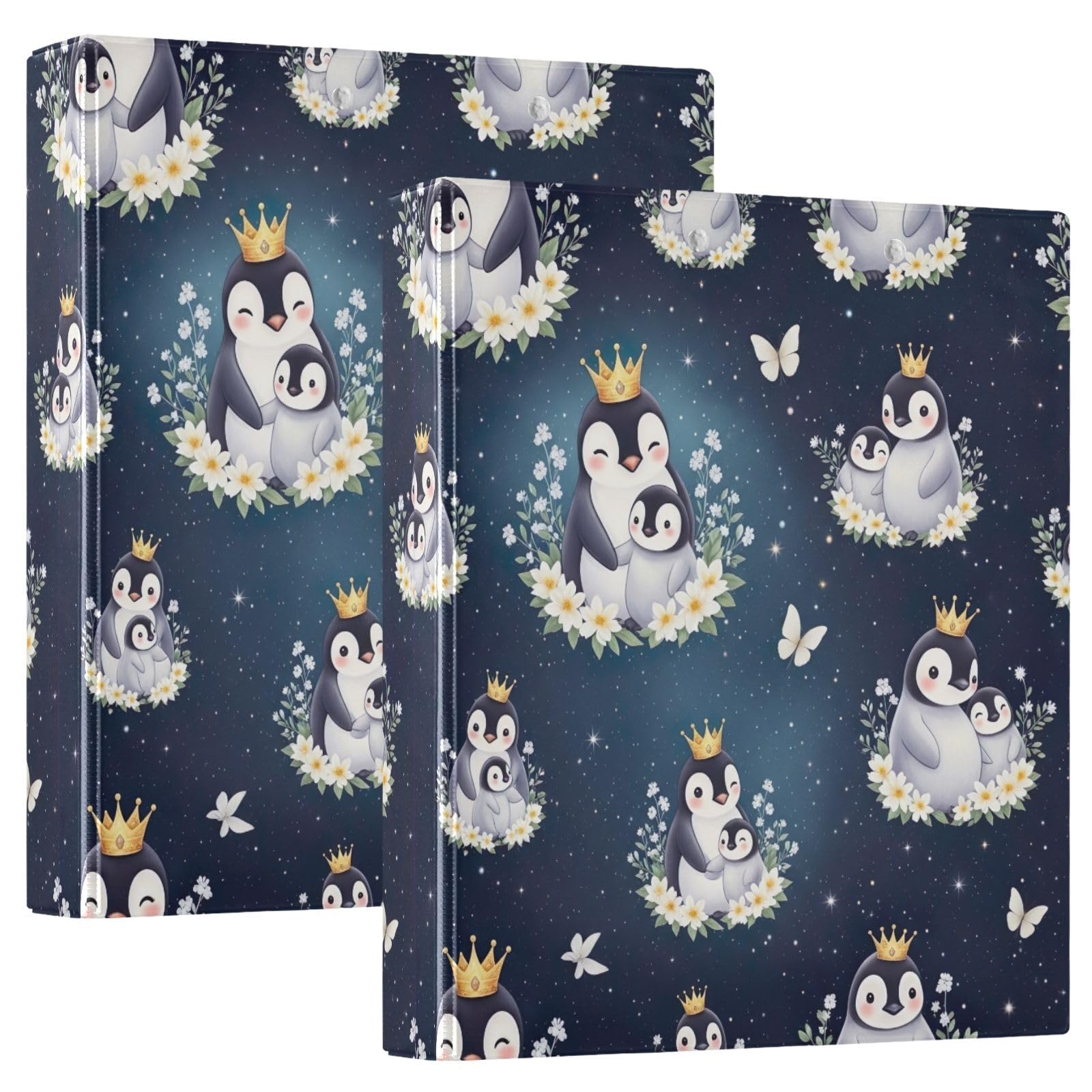 Lot de 2 classeurs à 3 anneaux en forme de pingouins mignons bleu foncé avec porte-bloc pour l'école, l'université, le bureau