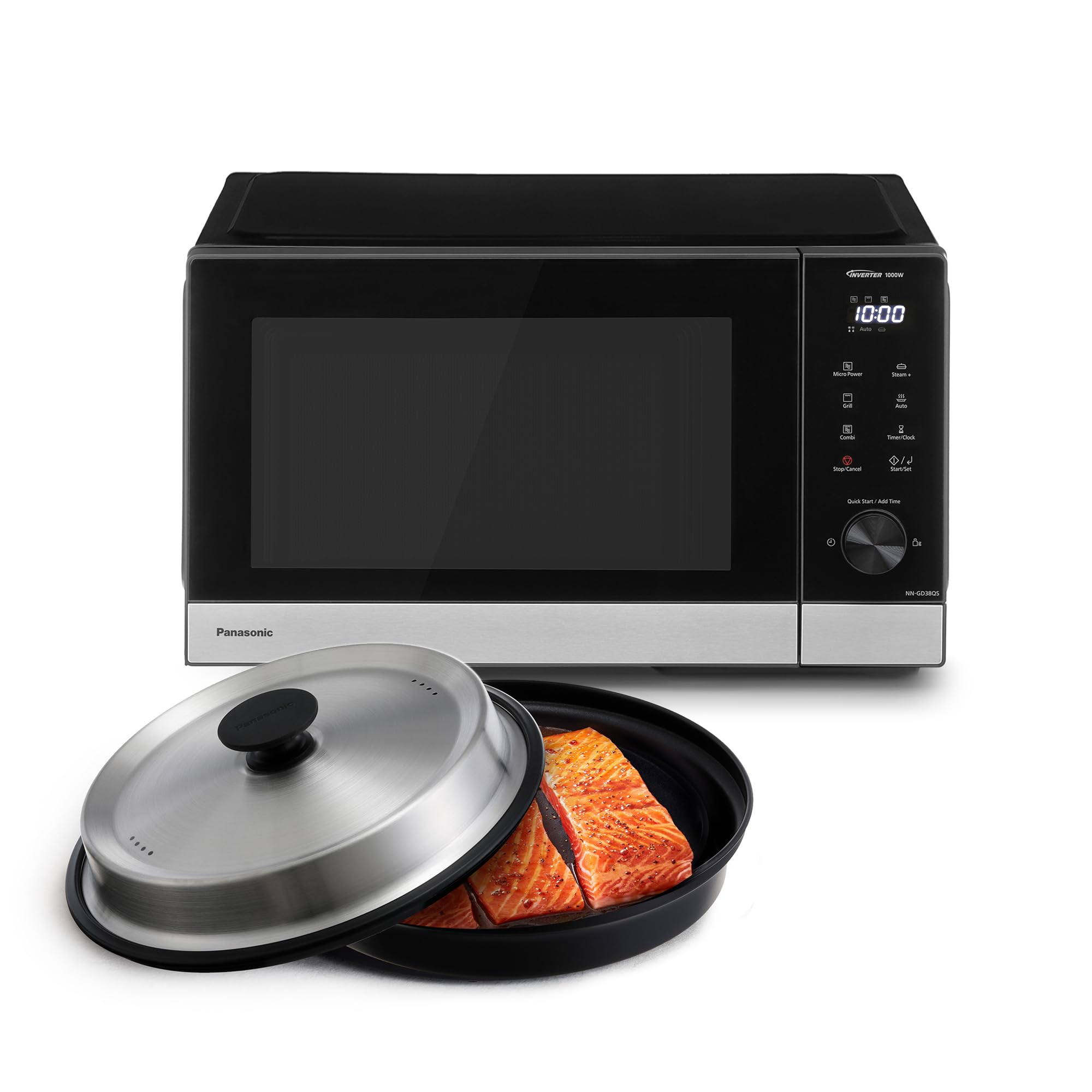 Panasonic NN-GD38QSEPG Forno a Microonde Grill 29L con Teglia Steam+, 1000W, Scongelamento Automatico, Cottura Combinata, Timer, Nero e Acciaio Inox