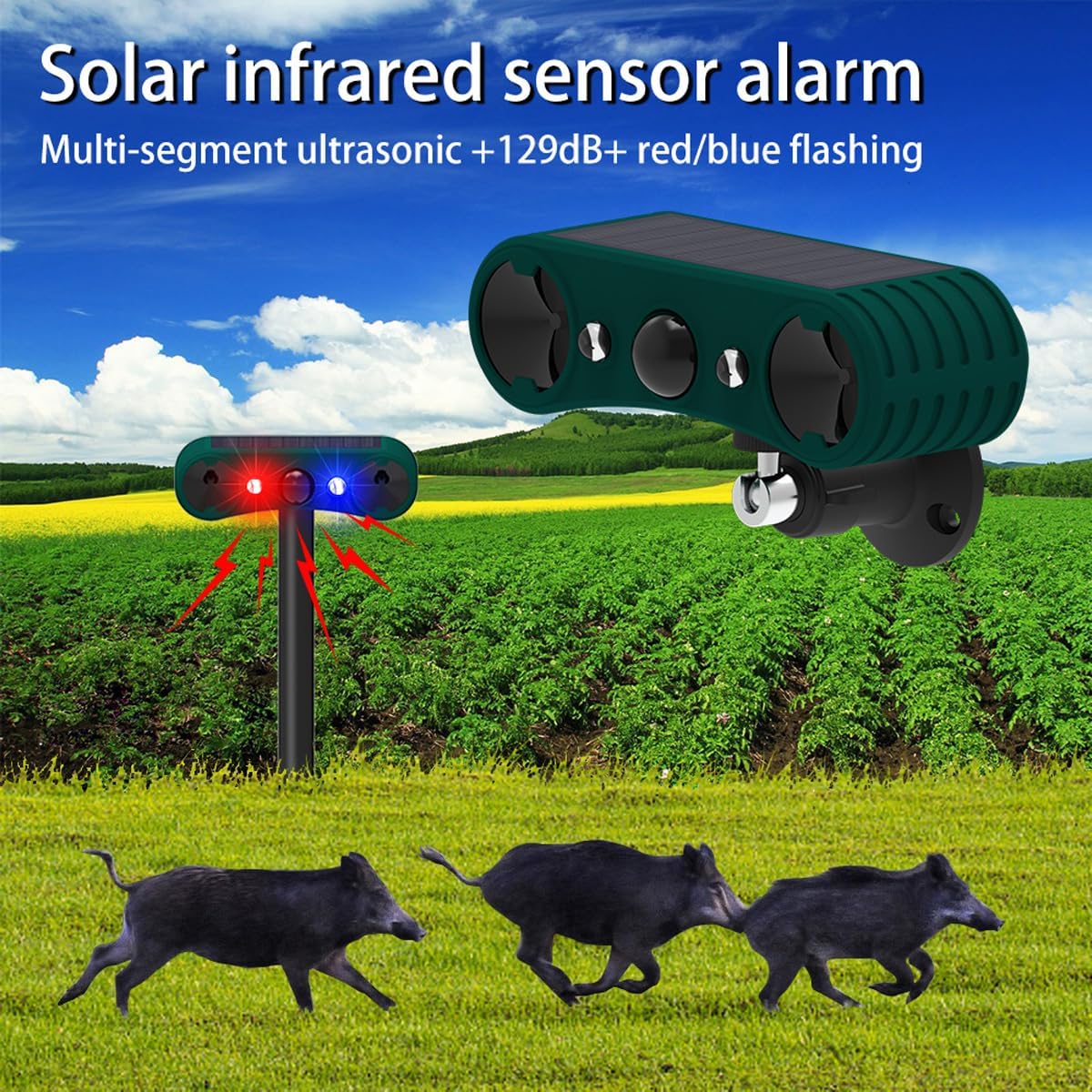 2 Stück Solar Ultraschall Bewegungsmelder-Alarm 130dB Sirene | 4 Arbeitsmodi，wetterfest Innen Außen, Boden- und Zaunmontage, Wildtier- und Eindringlingsvertreiber für Garten Hof