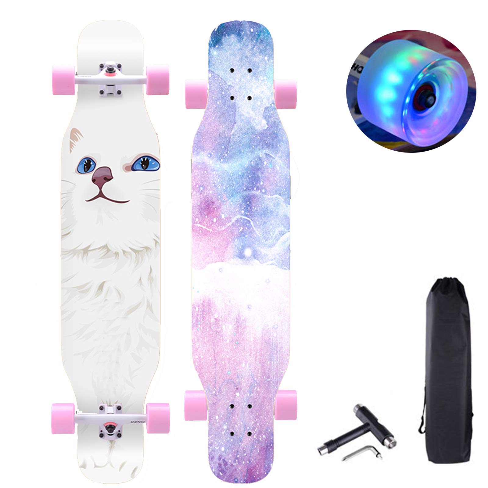 43"Longboard Skateboard Double Kick Planche à roulettes Concave, 7 Couches Canadiennes de Danse en Bois D'érable avec Roues LED PU pour Enfants, Adolescents et Adultes Débutants,Cat