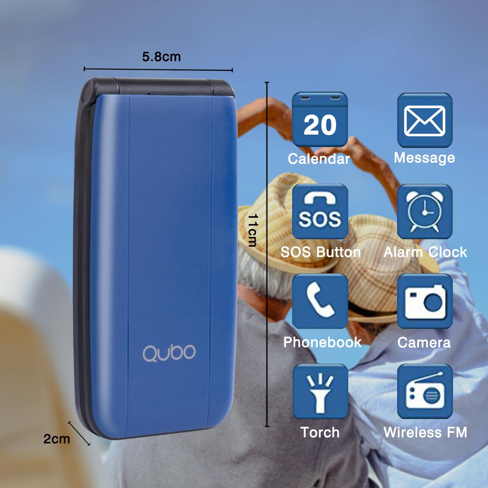 Qubo Mobile Phones for Elderly, Flip Telefono per anziani GSM, Cellulare per anziani, Display da 2,4'',Funzione SOS, Supporto Dual SIM,Chiamata rapida, Radio FM, Torcia elettrica,Blu
