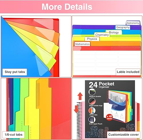 Vista 21 de Forvencer 24 Pocket Project Organizer, 1/3-cut Tab Binder Organizer with Sticky Labels, Multi Pocket Folder with Zipper Pouch, Folder Binder Spiral