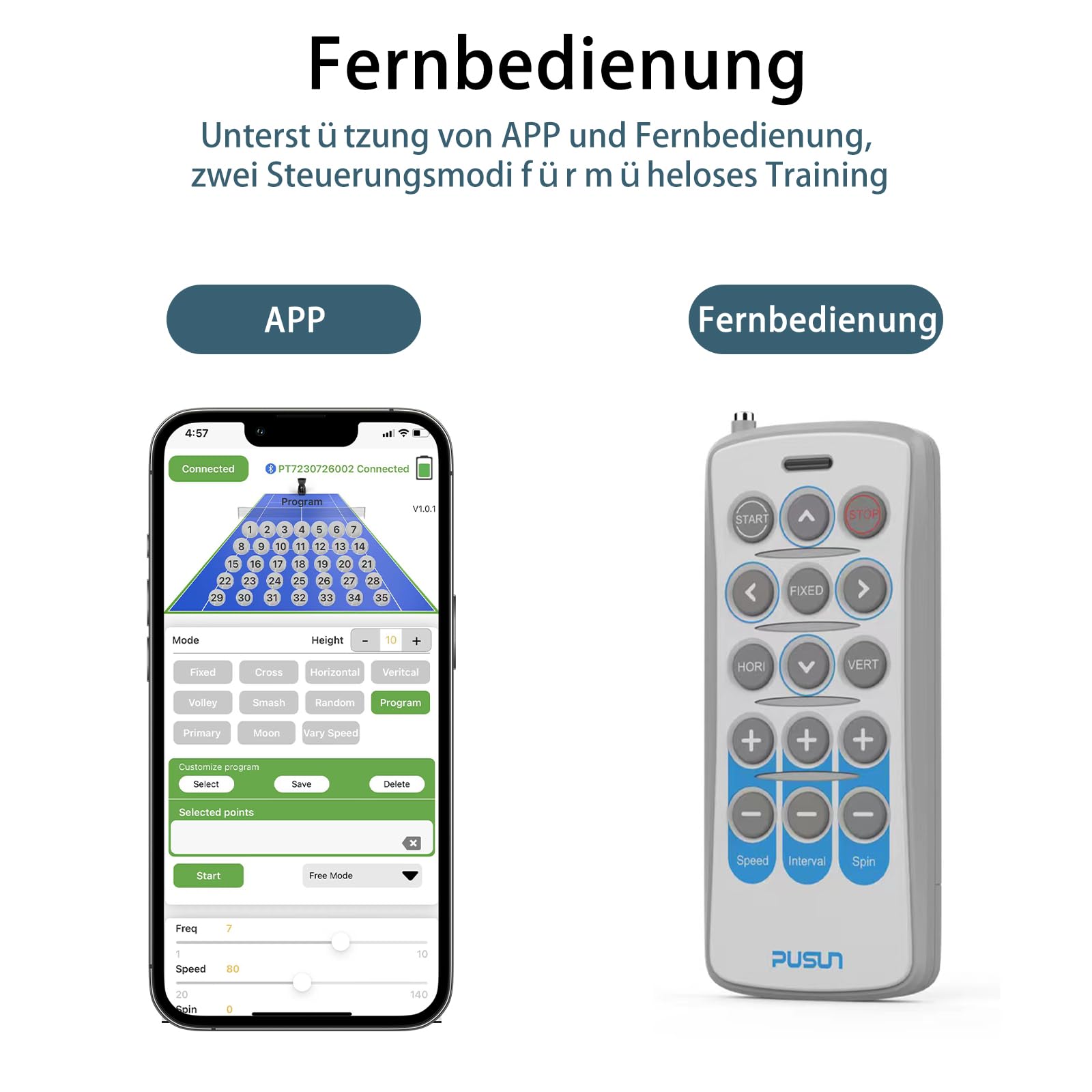 PUSUN PT-9001Pro Tennisballmaschine - Profi Ballwerfer mit APP-Steuerung (App für Apple Watch), 35 Landepunkte & Variable Geschwindigkeit, mobiler Ballwerfer (7-10 Std. Akkulaufzeit)