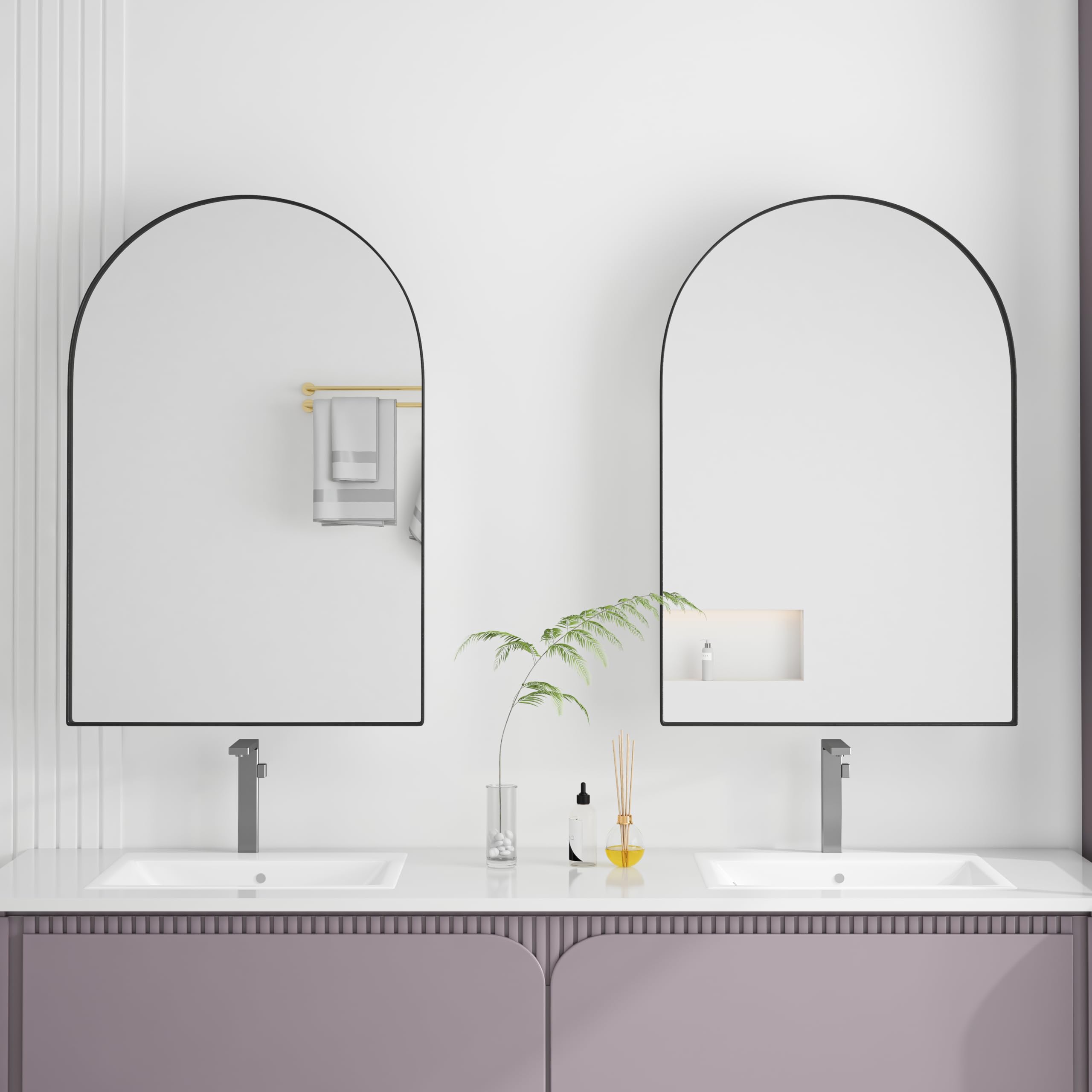 MURUL Armario con espejo de arco redondo negro con marco de metal, espejo y estantes ajustables – para baño, salón y dormitorio