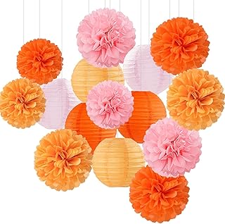 Pink-Orange Groovy Party-Decorations Paper-Flowers Lanterns - 15PCS Baby Shower Tissue Pom Poms Streamers, Fall Wedding Boho Birthday Bridal Bachelorette Sunset Hanging Supplies Decor Hugfond