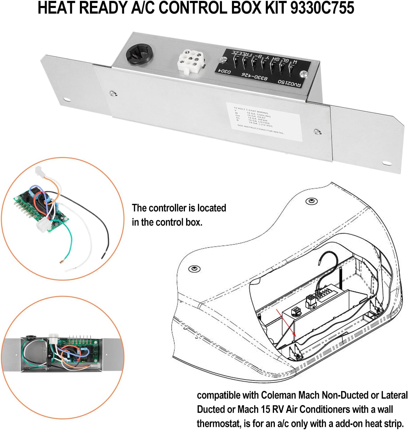 9330C755 Control Box Assembly Heat Ready AC Cool Control Replacement Parts Fit for Coleman Mach 15 RV A/C Heat-Ready Assemblies Controller, for Air Conditioner Units with an Add Heat Strip