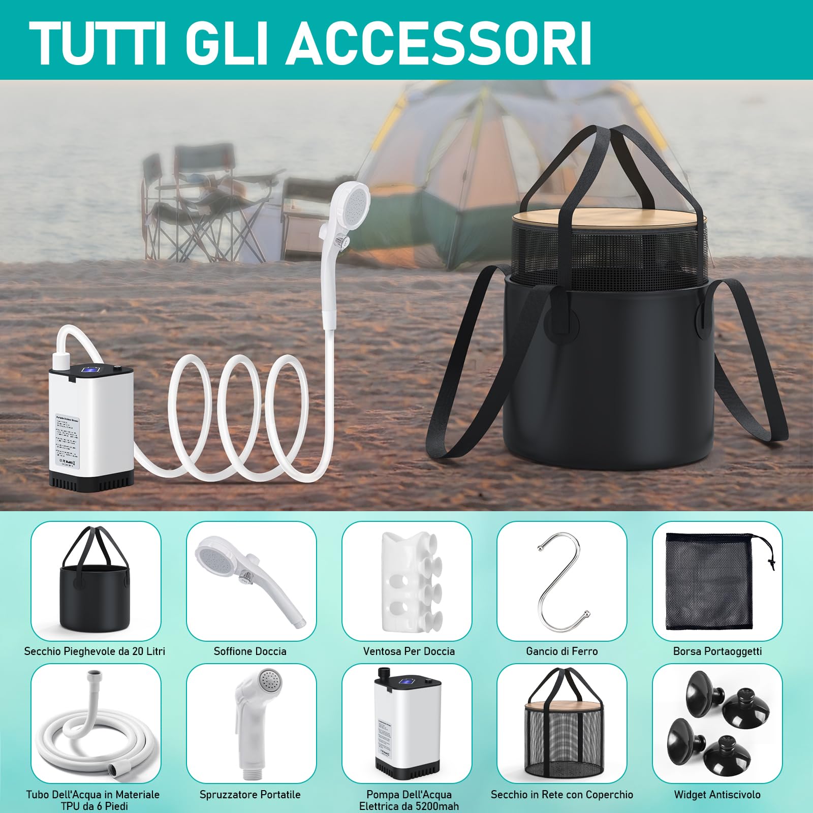 Doccia Portatile Da Campeggio Ricaricabile 8000mAh - Con Tubo 2m, Pompa