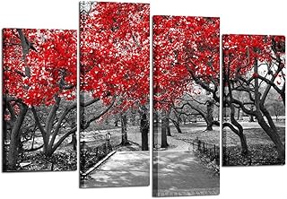 Anuncio Patrocinado - Kreative Arts - Lienzo grande de 4 piezas con impresión en lienzo de árboles rojos en blanco y negro...