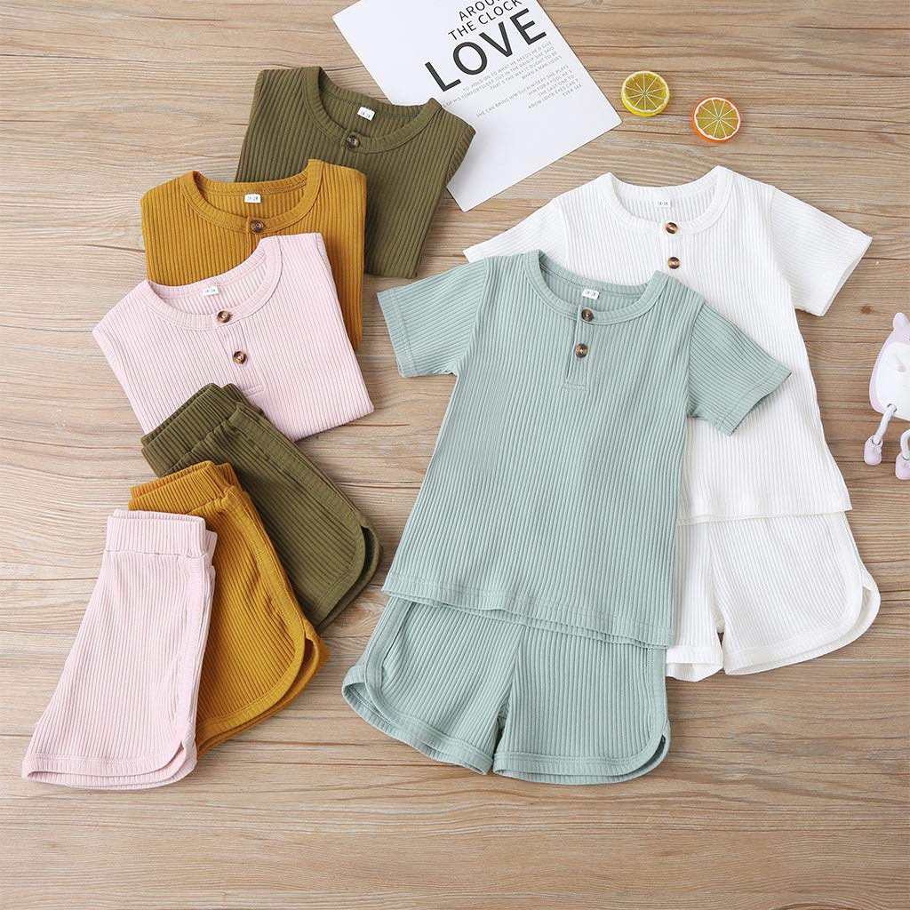 Infant Toddler Baby Girls Boys Ribbed Outfit Knitted Short Sleeve T-Shirt Tops and Shorts Set 2Pcs Summer Clothes (B-White,2-3 T)
