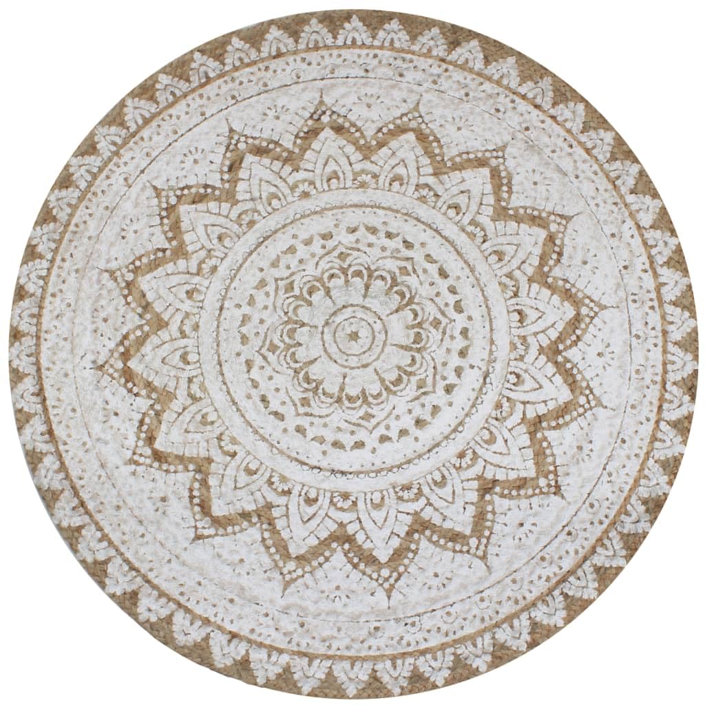 Jute Teppich Geflochten Rund 150 cm, Handgefertigt mit Mandala-Druck, Strapazierfähig für Wohnzimmer, Schlafzimmer, Flur, Natürlicher Bodenteppich