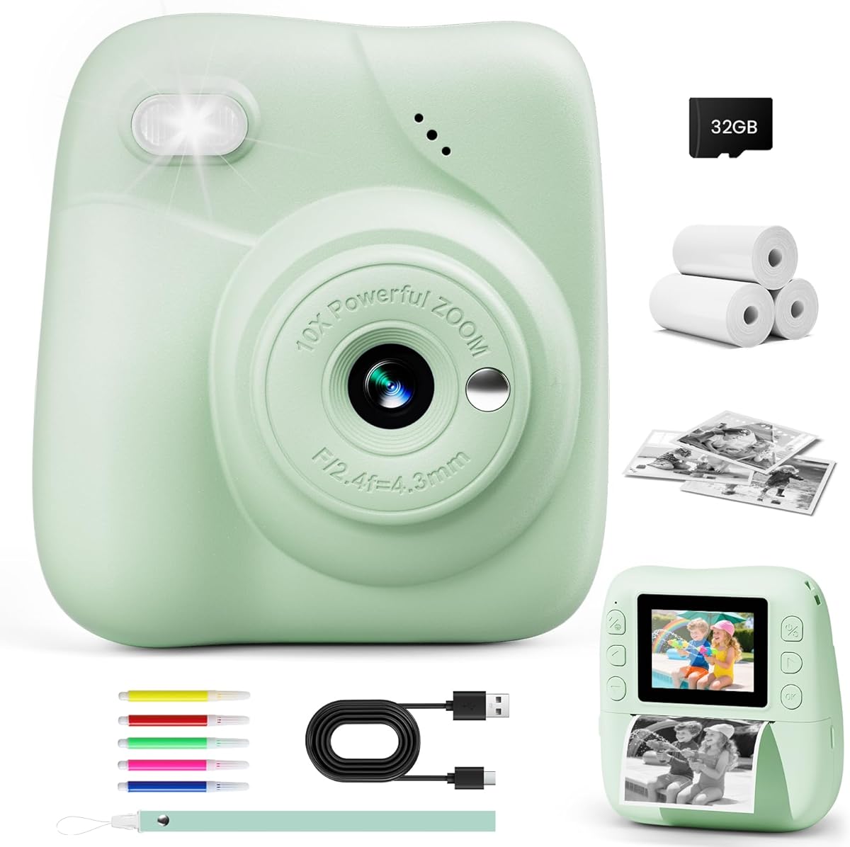 CAMCLID Kids Camera Instant Print, 1080P Instant Camera for Kids with 32G Card & 3 Rolls Print Paper, Childrens Toy Christmas Birthday Gifts for 3-12 Year Olds Girls Boys (Green)