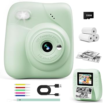 Kids Camera Instant Print, 1080P HD Kids Instant Camera with 32G Card & 3 Rolls Print Paper, Portable Toddler Toy, Christmas Birthday Gifts for Boys Girls Age 3-12 Green