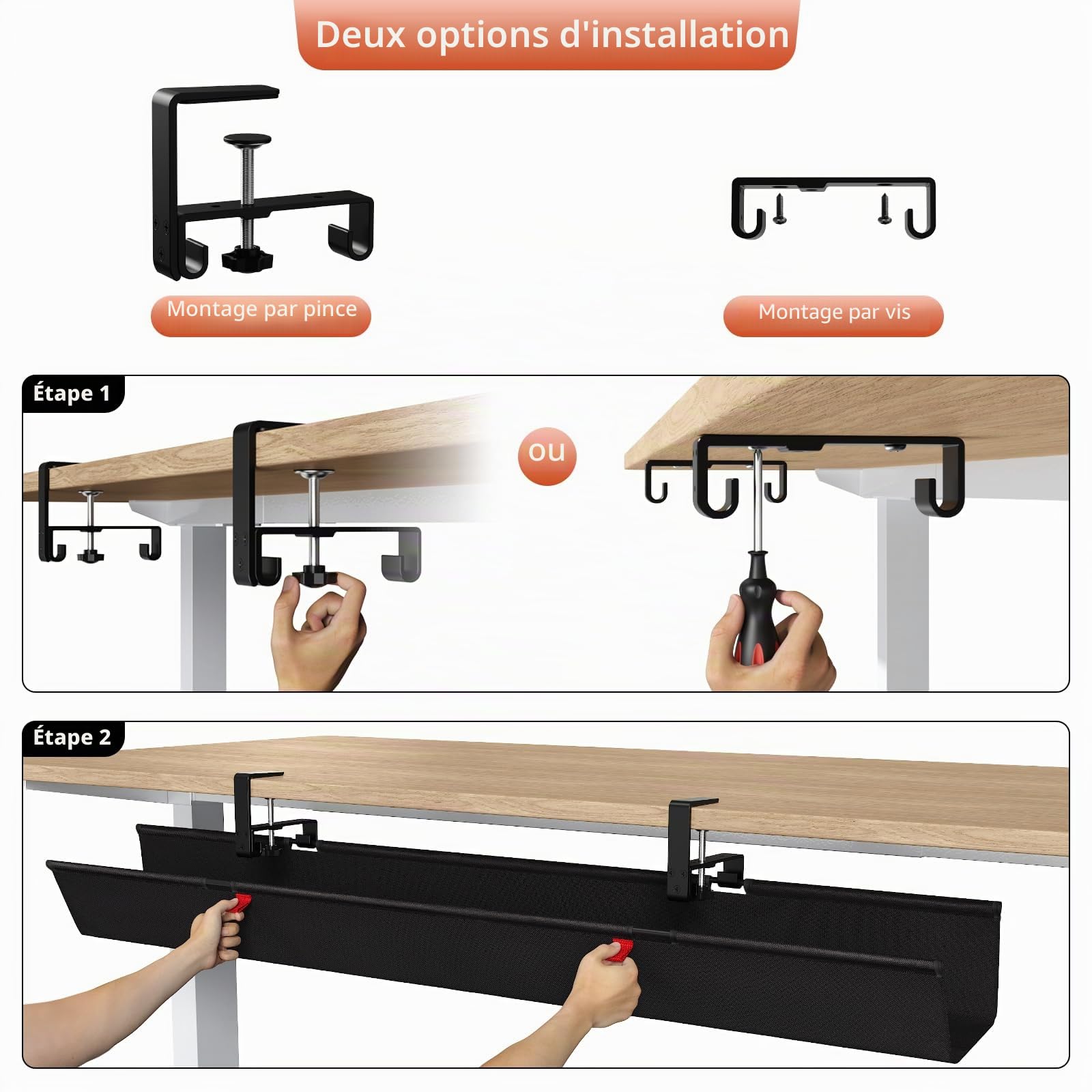 Univivi Plateau de gestion des câbles sous le bureau, 121,9 cm, sans perçage, pour la gestion des fils, organiseur de cordons à pince/vis, panier de câbles en tissu imperméable robuste pour bureau et