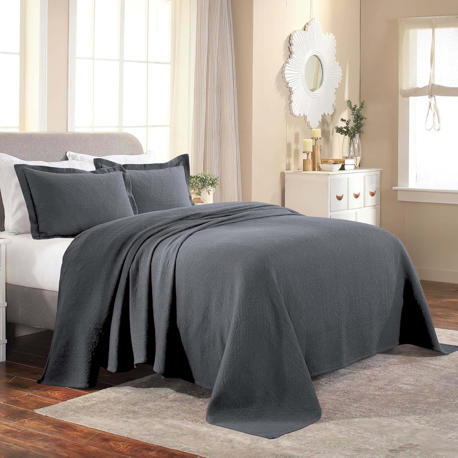 SUPERIOR Cotton Bedspread, Jacquard Woven Matelasse Bedding, Queen, Grey