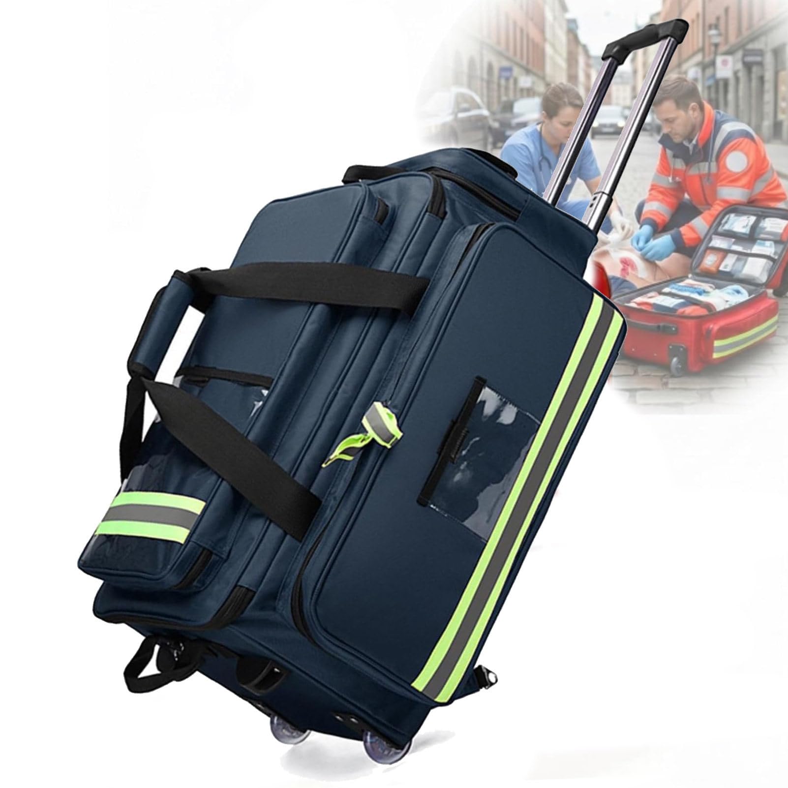 First Responder Bag with Wheels, Fire-retardant&Oxford Cloth, Trauma Backpack Empty, Medical Emergency Kits Storage Jump Bag Pack, for EMT, EMS, Police, Firefighters, Home Health Nurses Blue-66cm